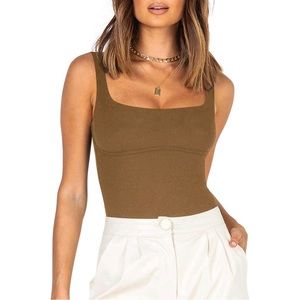 REORIA Square Neck Sleeveless Underbust Detailing Ribbed Tank Thong Bodysuit M